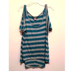 Dots gray and teal blue stripped Juniors top w/ c/o shoulders size L